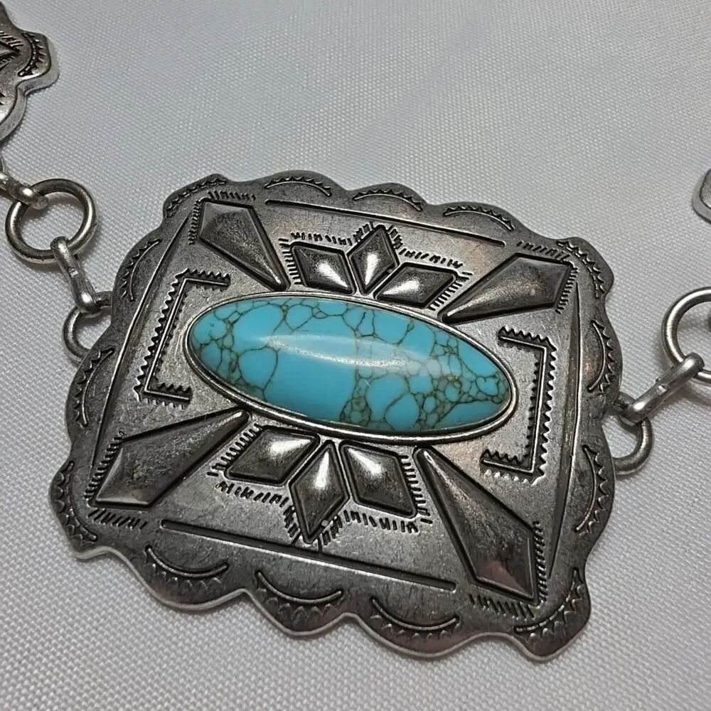 Rectangular Silver Tone Turquoise Concho Chain Western Belt Womens M Festival - Picture 2 of 11